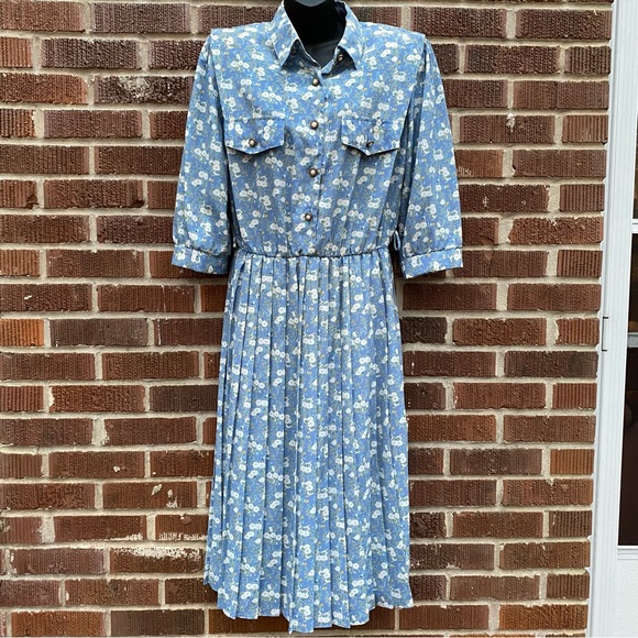 Breli Original 80’s pleated top buttons 3/4 sleeves Floral Secretary Dress Sz L - Picture 1 of 15